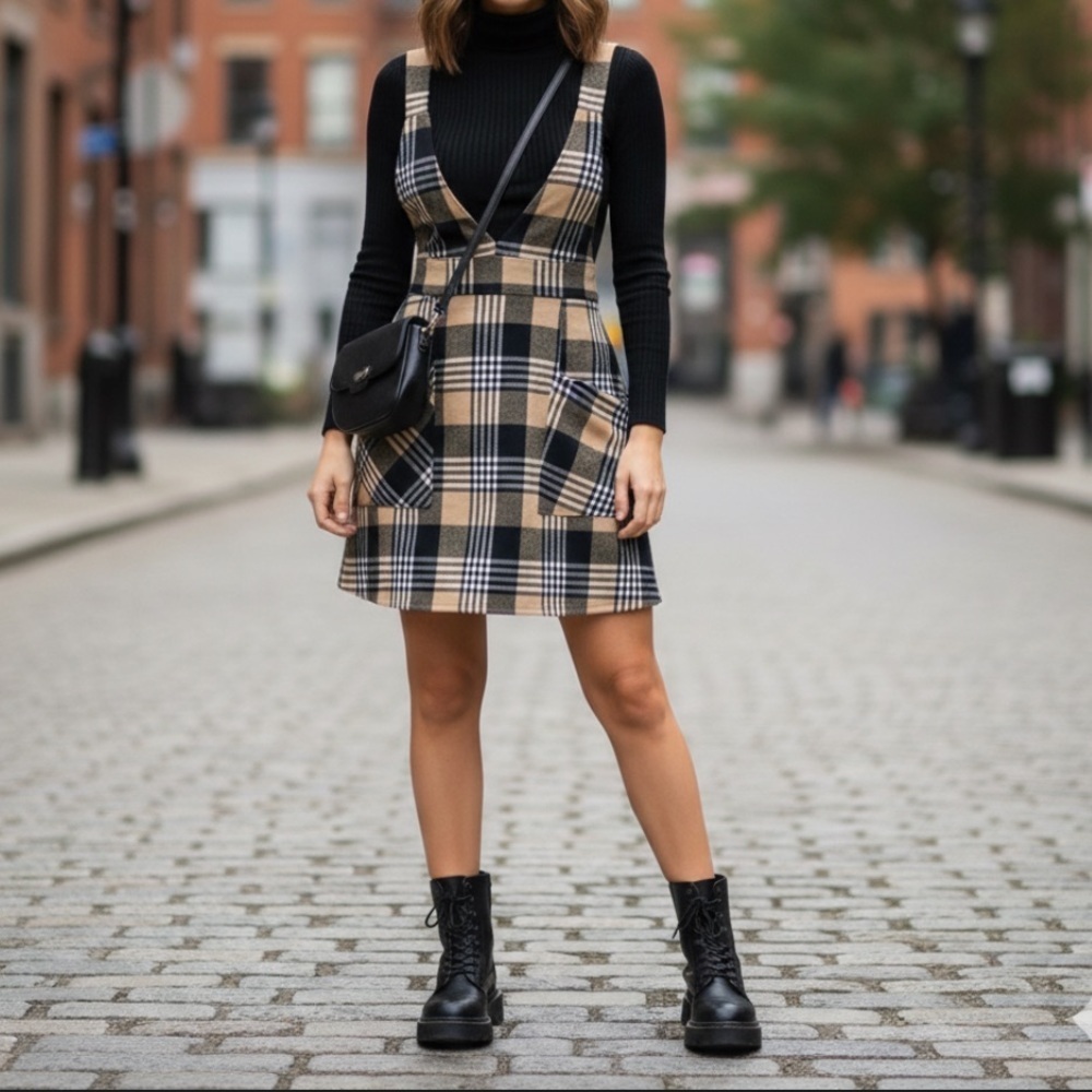 SHEIN Plaid Pinafore Overall Dress with Pockets - Size XL - Dark Academia
